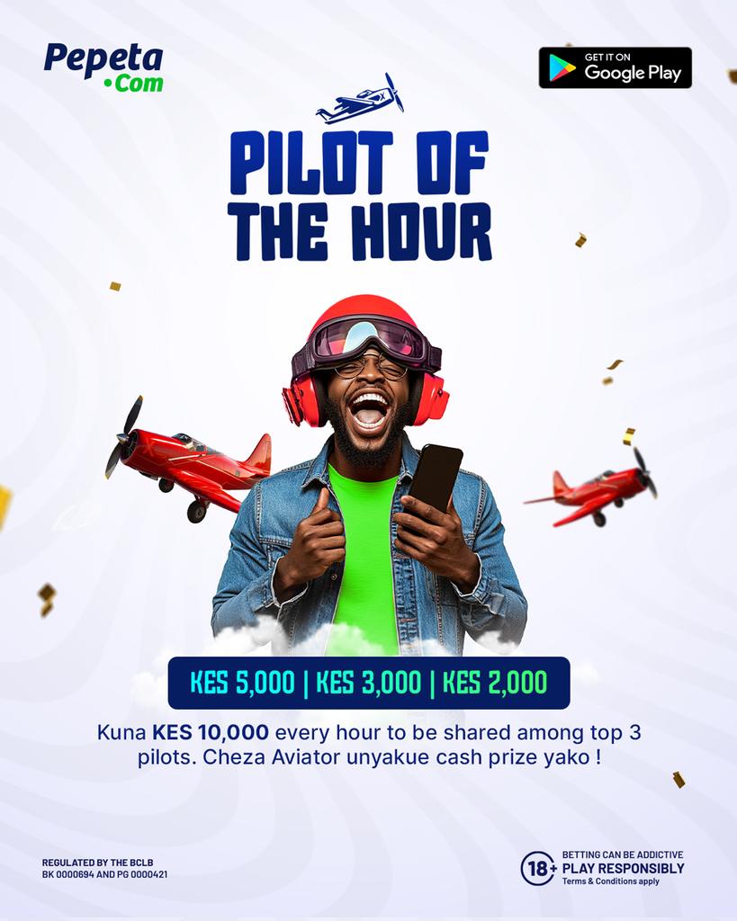 Tulisema hapa Pepeta kazi yetu ni kuwatolea form za ushindi, kazi yako ni kudandia chance!! 🫵🏾🤭

Will you be the PILOT of the HOUR?👨‍✈️✈️

Fikisha the HIGHEST MULTIPLIER on AVIATOR between 11AM to 11PM uangukie CASH prizes 💸
#PilotOfTheHour #HakunaKungoja