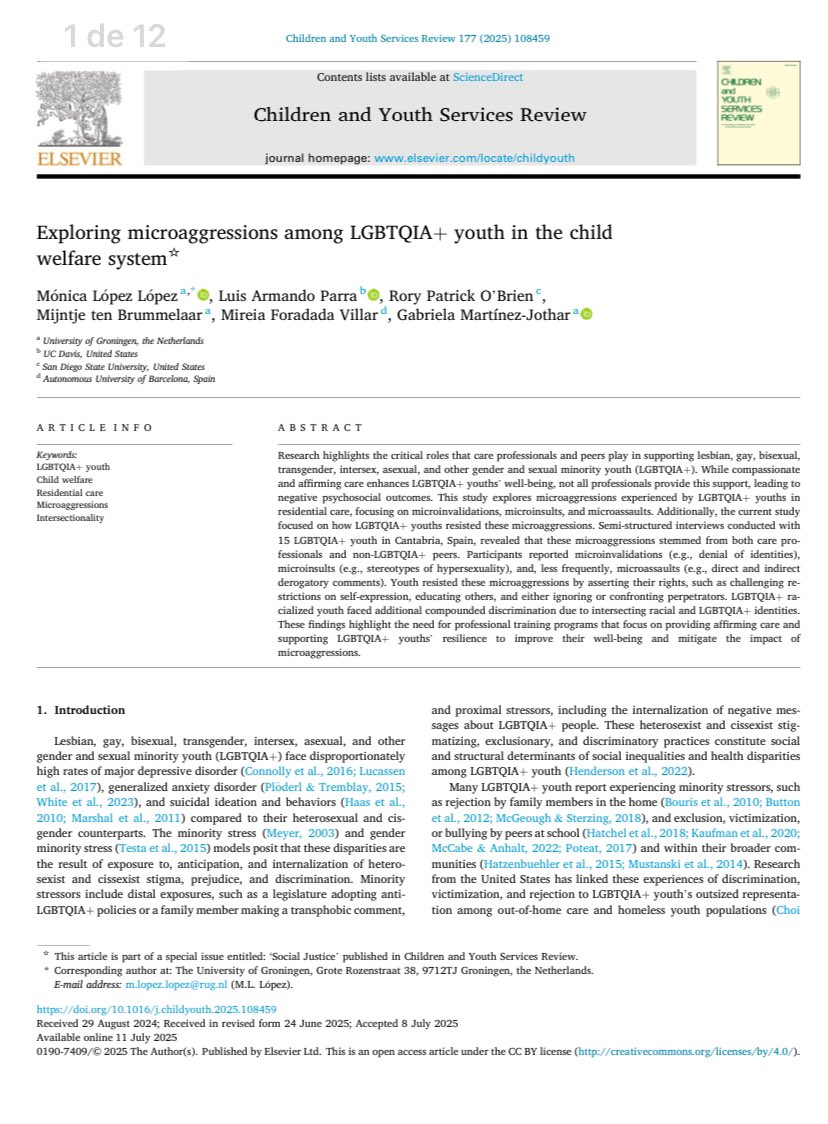💥 Now live!
🔍 We explore the reality of LGBTIQ+ youth in care and the violence in residential centres.
🌈✊ #Visibility #LGBTIQ+ #HumanRights #YouthinCare sciencedirect.com/science/articl…