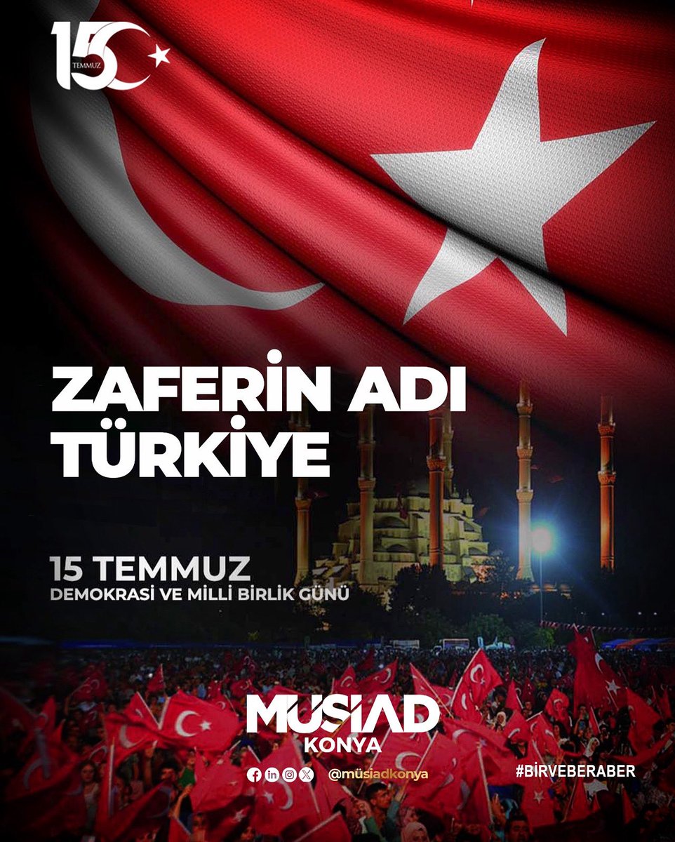 #15Temmuz Demokrasi ve Millî Birlik Günü’nde
Vatanı uğruna canlarını feda eden tüm Şehitlerimizi rahmetle,
Kahraman Gazilerimizi minnetle anıyoruz.

#15TemmuzDestanı #15TemmuzŞehitleri #ZaferİnadıTürkiye #Konya