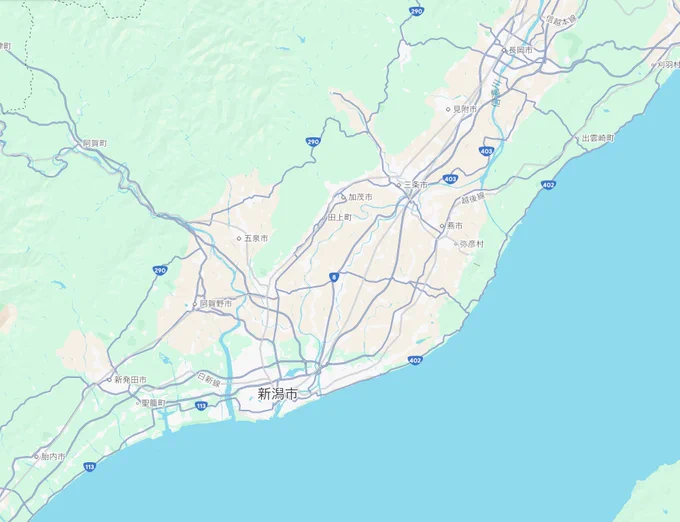 これは偏見もあるんだけど、太平洋側に住んでいる人の感覚だと、川の上流は上、下流は下。都市中心部は下の海沿いってのが染み付いてるんだよね。 その視点で見ると新潟も上下逆に表示した方が違和感がない。