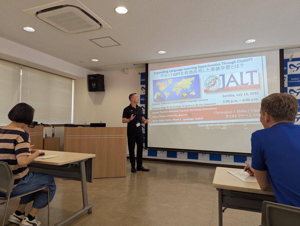 Tottori JALT would like to express many thanks to those who came to attend Christopher Hollis's workshop titled "Expanding Language Learning Opportunities Through ChatGPT (Ideas &amp; Precautions for Using AI to Support Language Learning)" on 2025/07/13.

Here are some event photos: