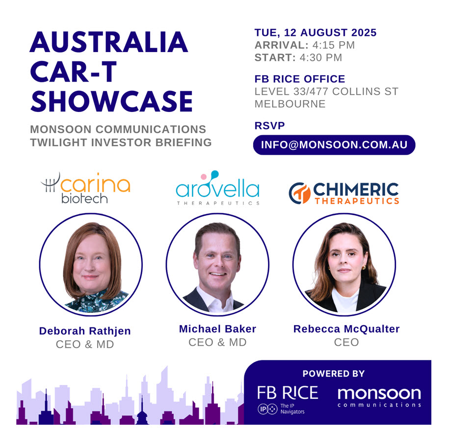 Chimeric Therapeutics ASX: CHM (@chimeric) on Twitter photo Our CEO Dr Rebecca McQualter, will present at the AU CAR-T Showcase on Tuesday, 12 August 2025.
Join us at 4:15 PM for a 4:30 PM start at FB Rice, Lvl 33, 477 Collins Street, Melbourne, to hear about the latest developments in CAR-T therapies.
Register: info@monsoon.com.au $CHM Our CEO Dr Rebecca McQualter, will present at the AU CAR-T Showcase on Tuesday, 12 August 2025.
Join us at 4:15 PM for a 4:30 PM start at FB Rice, Lvl 33, 477 Collins Street, Melbourne, to hear about the latest developments in CAR-T therapies.
Register: info@monsoon.com.au $CHM