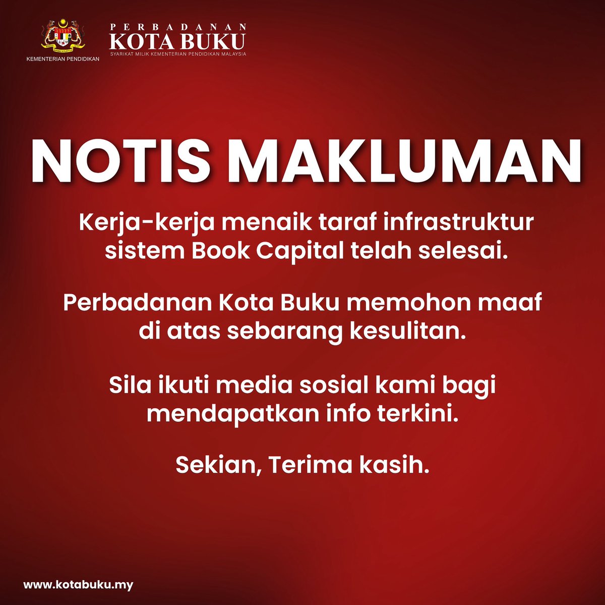 Makluman

Pembaikan sistem Book Capital telah kembali sediakala.

Terima kasih.

#kotabuku #BookCapital #MallBookCapital 
#MalaysiaMADANIMembaca