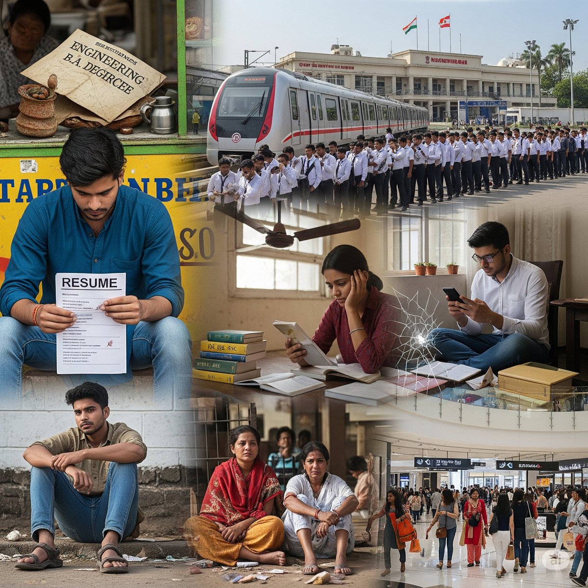 बेरोज़गारी का छलावा – "विकास" किसके लिए? 

देश की GDP रिकॉर्ड तोड़ रही है,
लेकिन नौकरी ढूंढ़ते-ढूंढ़ते युवा थक चुके हैं।

2025 में बेरोज़गारी दर राष्ट्रीय स्तर पर 8.8% है,
और शहरों में ये 9.5% से ऊपर बनी हुई है।

📉 15 से 29 साल के युवाओं में बेरोज़गारी लगभग 47% तक पहुंच चुकी है,
