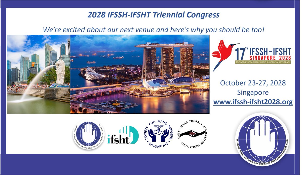 IFSSHand's tweet image. Join us in vibrant Singapore for IFSSH-IFSHT 2028, where the global hand and therapy community comes together amid a unique blend of tradition and greenery.🔗 Visit ifssh-ifsht2028.org for updates!🌍🤝🌍. #HandSurgery #IFSSH2028 #IFSHT2028 @ifshandtherapy