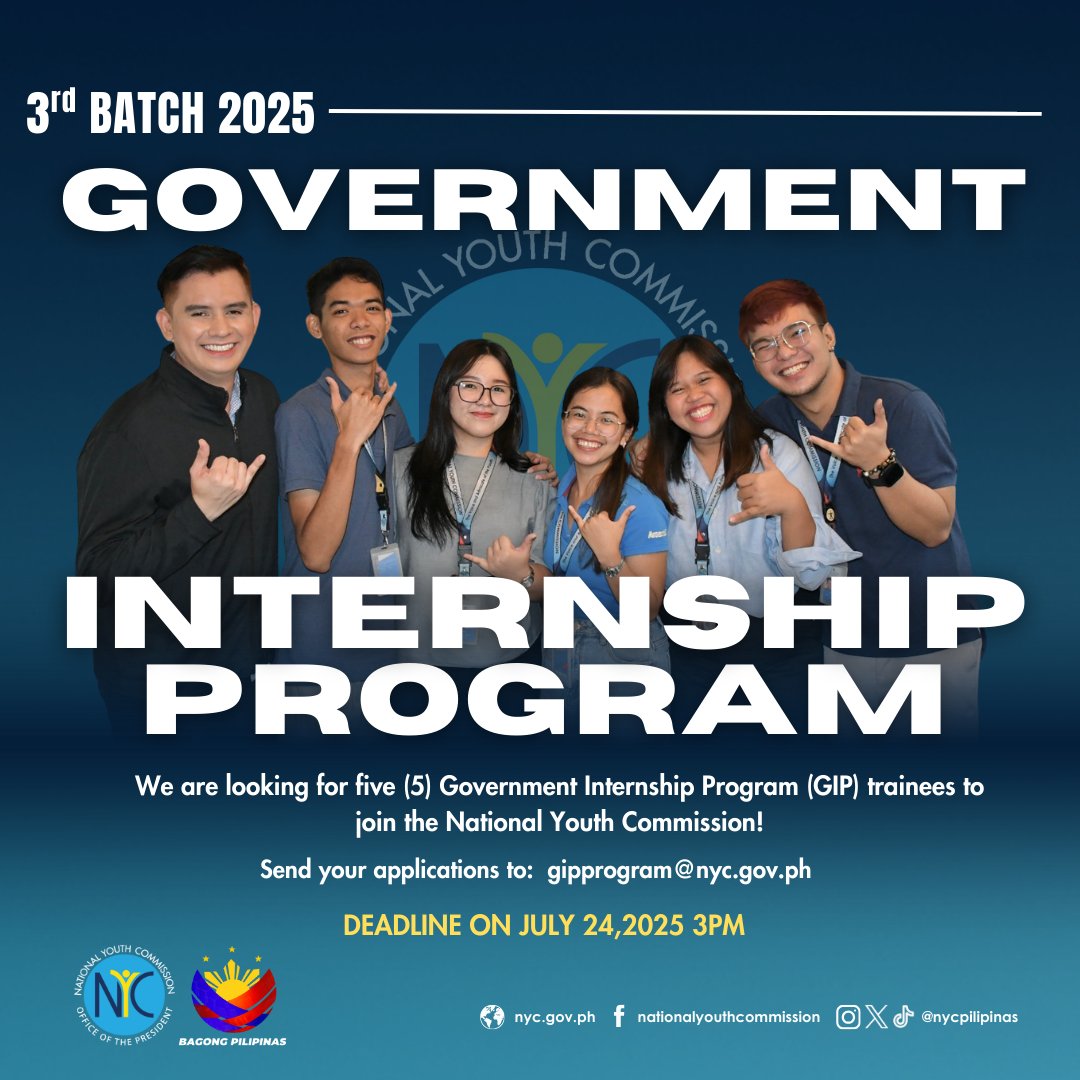 Government Internship Program (GIP) is back!!!
We are now accepting GIP applications for 3rd batch of 2025! 

More: facebook.com/nationalyouthc…

#ForTheFilipinoYouth
#ParaSaKabataangPilipino
#GovernmentInternshipProgram