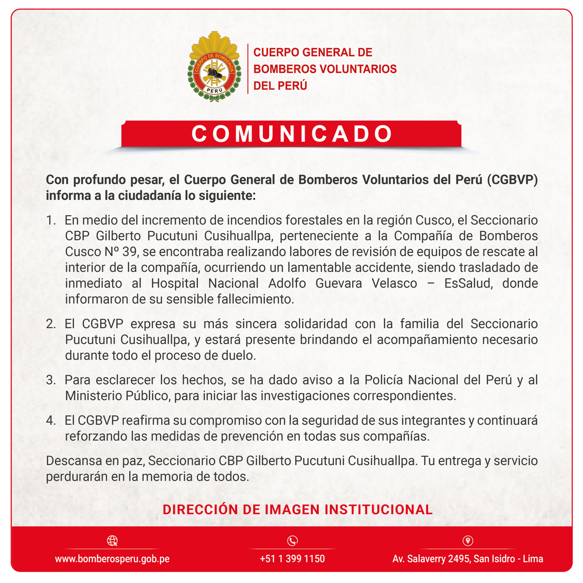 IBomberos's tweet photo. 🕯️ Lamentamos el fallecimiento del Seccionario CBP Gilberto Pucutuni Cusihuallpa 🧑‍🚒 de la Cía. Cusco 39 🚒, mientras cumplía funciones. Expresamos nuestras condolencias 🖤 y honramos su entrega y vocación de servicio 🔥. Descansa en paz, Gilberto 🙏🏼. https://t.co/J9qn60T7o4