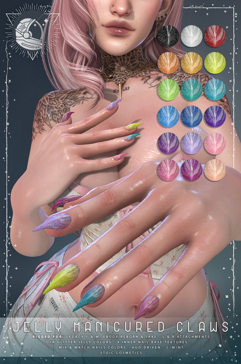 💖✨ NEW RELEASE ✨💖
JELLY MANICURED CLAWS 💅
Glittery. Glossy. GORGEOUS.

👀 Catch them at Kustom9 —
🗓️ Opens July 15th @ 12AM SLT!
maps.secondlife.com/secondlife/kus…