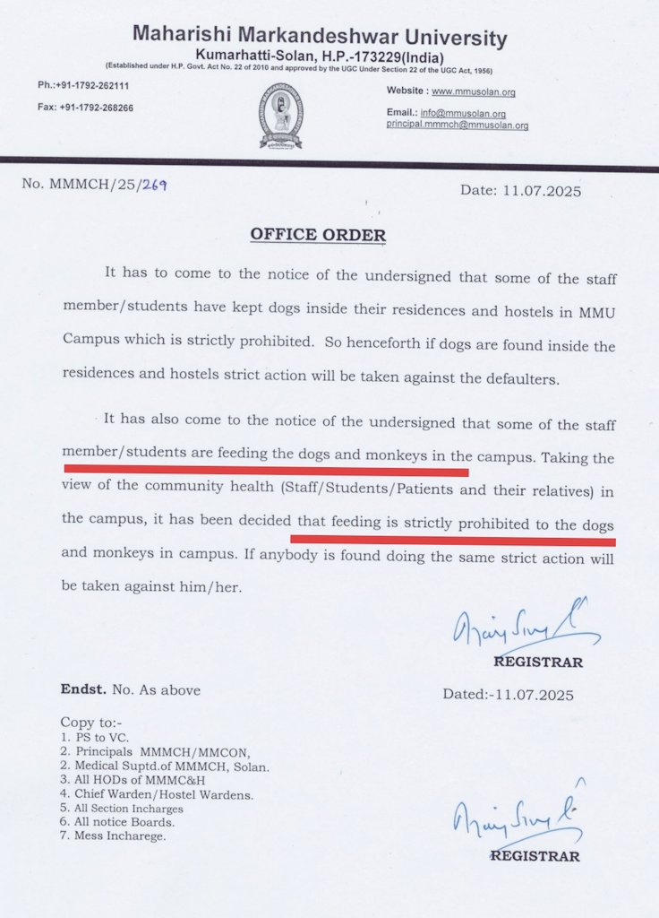 Ajay Joe (@joedelhi) on Twitter photo Hello Retd. Judge Ajay Singal, current Registrar at <a href="/MMDUmullana/">MM (Deemed to be University)</a> University, Solan Campus, your order to stop feeding animals is incorrect, kindly withdraw!
<a href="/EduMinOfIndia/">Ministry of Education</a> <a href="/dpradhanbjp/">Dharmendra Pradhan</a> <a href="/ugc_india/">UGC INDIA</a> <a href="/AwbiBallabhgarh/">Animal Welfare Board of India</a> Please take action
FYI the name of the university is kept on Hello Retd. Judge Ajay Singal, current Registrar at <a href="/MMDUmullana/">MM (Deemed to be University)</a> University, Solan Campus, your order to stop feeding animals is incorrect, kindly withdraw!
<a href="/EduMinOfIndia/">Ministry of Education</a> <a href="/dpradhanbjp/">Dharmendra Pradhan</a> <a href="/ugc_india/">UGC INDIA</a> <a href="/AwbiBallabhgarh/">Animal Welfare Board of India</a> Please take action
FYI the name of the university is kept on