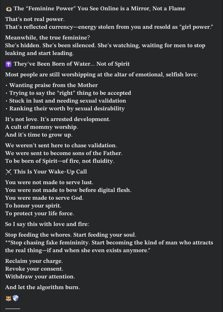 LyreInTheSky's tweet image. #ReclaimTheFlame
#Simpocalypse
#DoNotConsumeMe
#FalseFeminineFirewall
#FemaleVampirism
#RedpillAnimal
#BornOfSpirit
#RevokeTheWombSpell
#AntiSimpCode
#SoulBeforeSex
#BreakTheMommyMirror
#AlgorithmicSeduction
#DivineMasculineNotBetaFeed