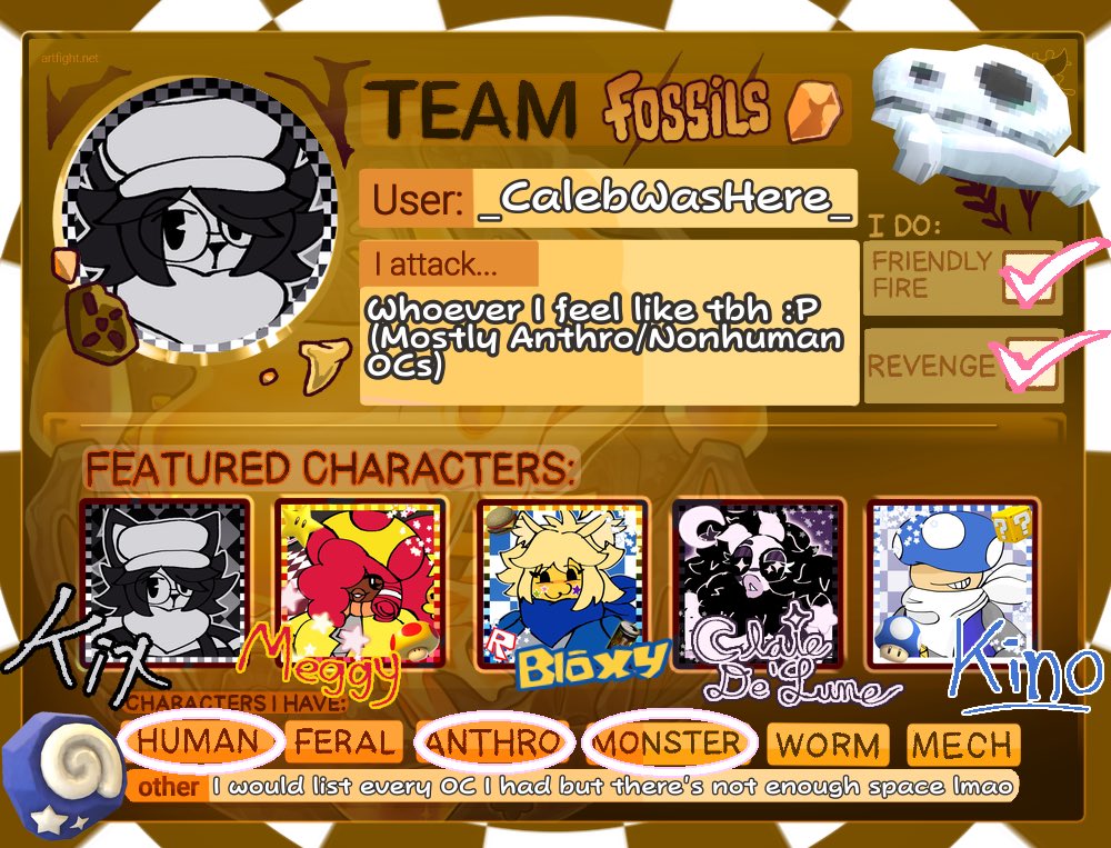 _CalebWasHere_'s tweet image. Updated my card for #artfight2025!!
- artfight.net/~_CalebWasHere_ -
#TEAMFOSSILS
#artfight