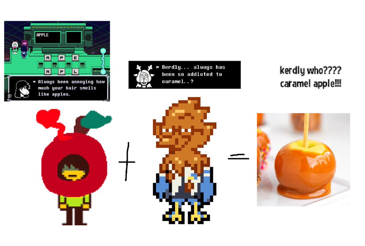#DELTARUNE kerdly is cute for a ship name.. but is anyone else dissapointed it wasnt called caramel apple or something? like. both characters have this specific association with a particular food, even dosing themselves in it. you'd think people would pick up on that.