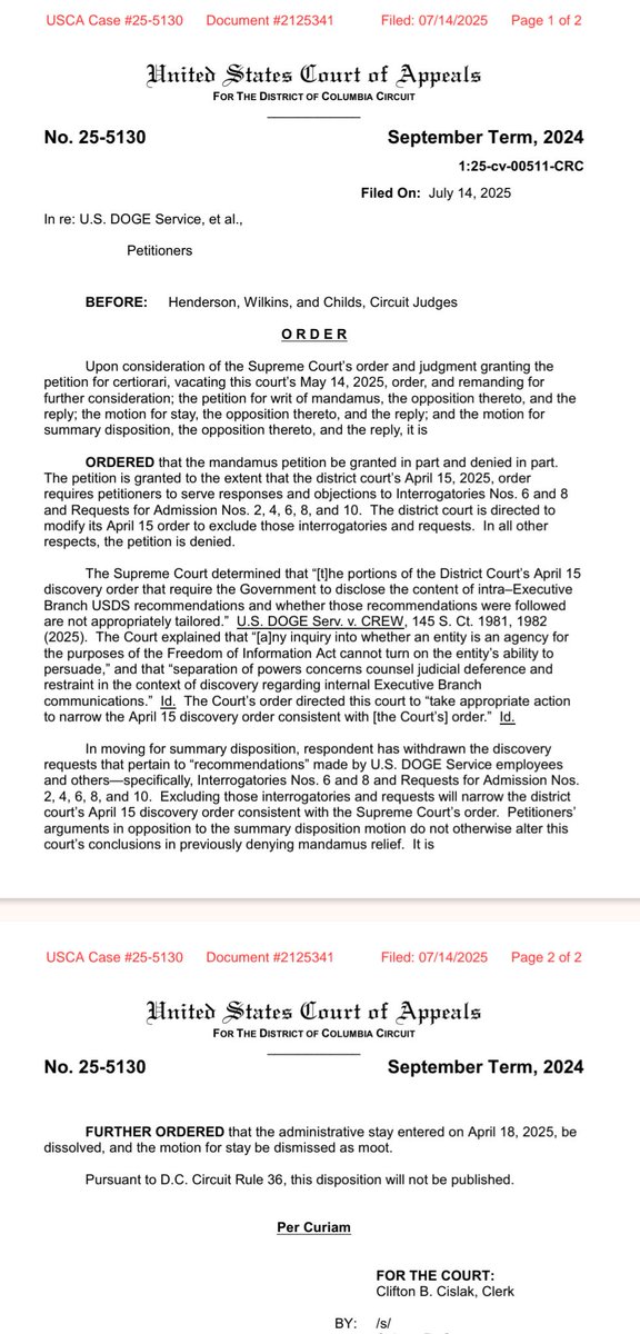 ZoeTillman's tweet image. DOGE FOIA discovery fight, round 2: Kicked back by SCOTUS with instructions to narrow things, the DC Circuit held the Trump admin still must disclose certain info about DOGE to an advocacy group and make administrator Amy Gleason available to testify
bloomberg.com/news/articles/…