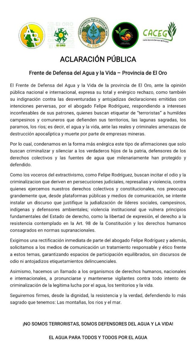 ⭕️ COMUNICADO | Ante las injurias de Felipe Rodríguez, abogado de la minera #Curiminig, las comunidades articuladas en el Frente de Defensa del Agua de #ElOro se pronuncian.
"Condenamos en la forma más enérgica este tipo de afirmaciones que solo buscan criminalizar a defensores".