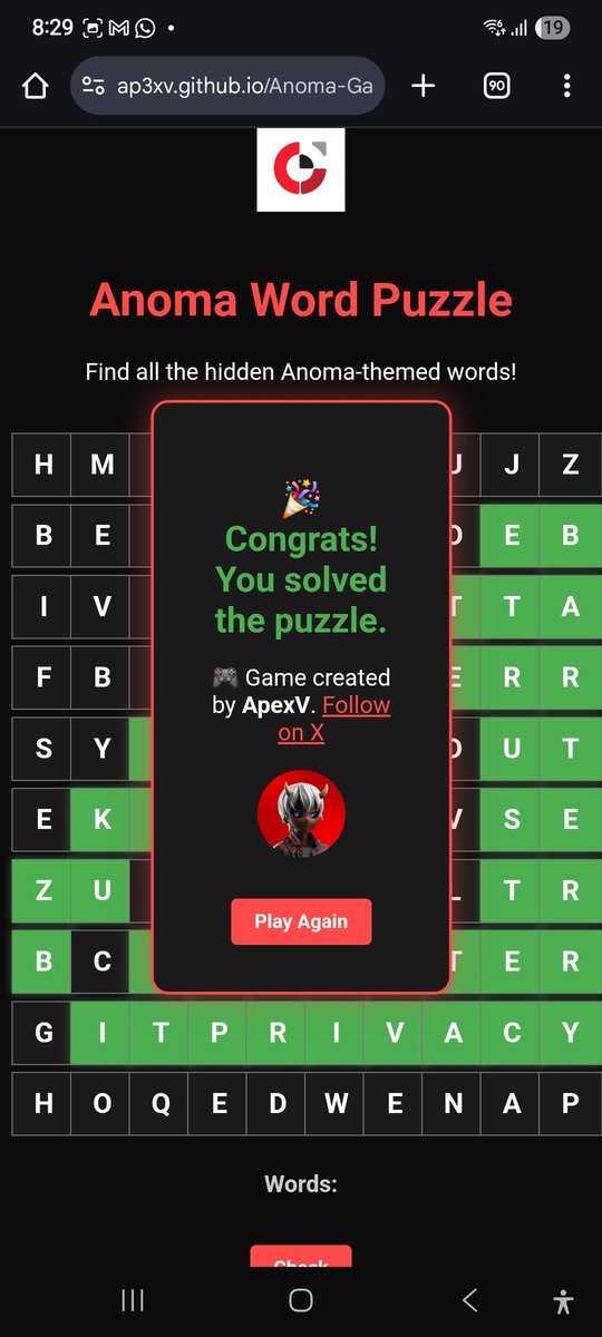 I built a word puzzle game for <a href="/anoma/">Anoma</a> Community. 

Here is the Link: ap3xv.github.io/Anoma-Game/

It is a word puzzle game for anoma community to play with just before testnet codes come out.

Since everyone would be occupied with the testnet once it comes out.
 
Would love to hear