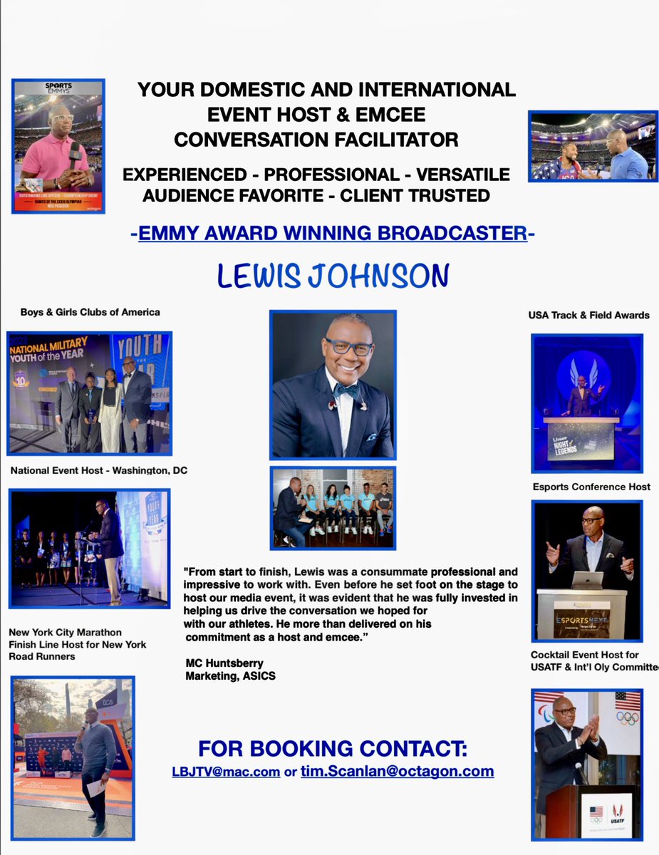 Excited to share that I am ready to serve as your event host, emcee, and conversation facilitator, whether it's for domestic or international events, sports-related or otherwise. For inquiries, please contact me or my agent, Tim Scanlan at Octagon. Looking forward to
