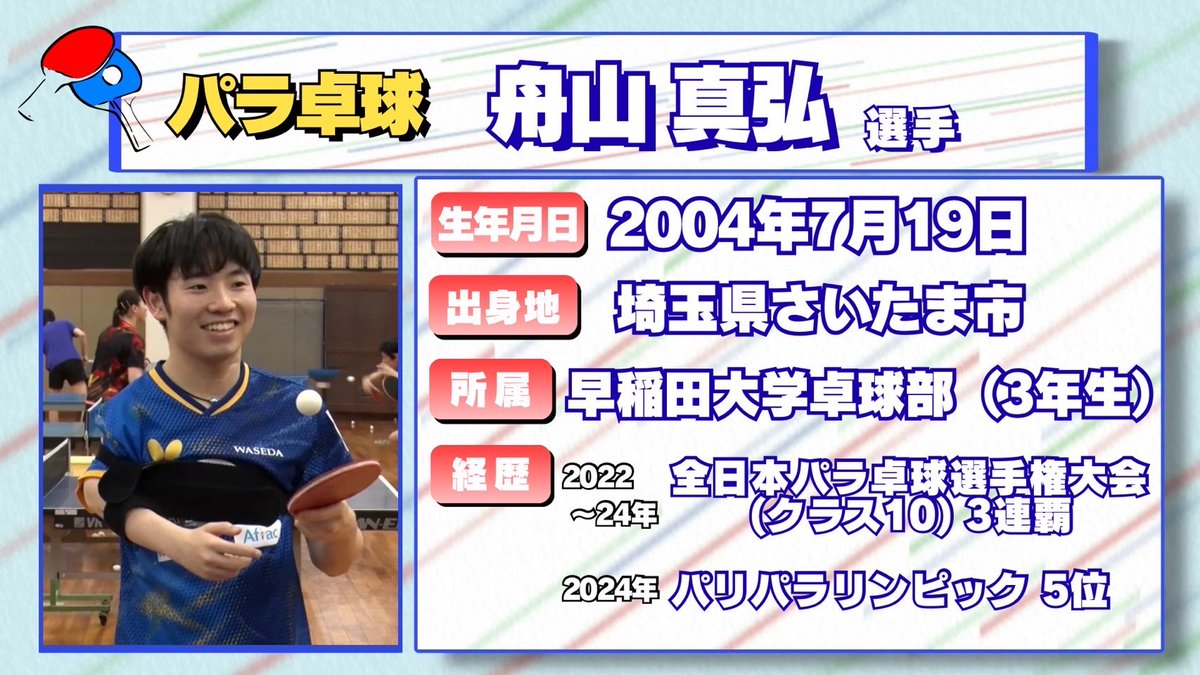StrongPoint_BS's tweet image. 7月20日(日)午前11時からの
#ストロングポイントNEXT は
#パラ卓球
#舟山真弘 選手
#早稲田大学 大学3年生
#埼玉県 #さいたま市 出身
#全日本パラ卓球選手権
クラス10 3連覇!
#パリパラリンピック 5位
#パラスポーツ
【公式】日本肢体不自由者卓球協会
@para_ping_pong