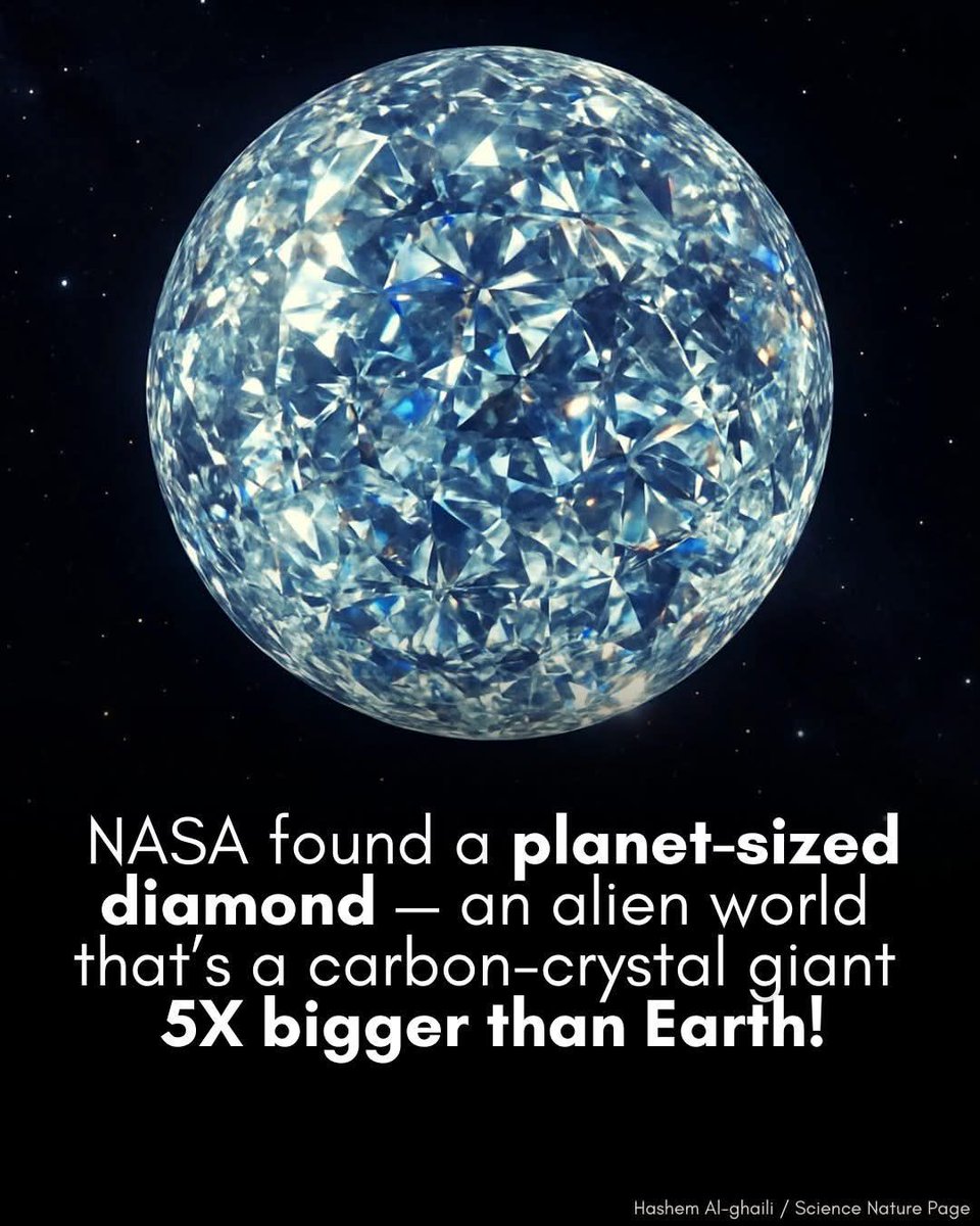 zone_astronomy's tweet image. 💎 NASA just found a diamond the size of a planet — and it’s 5x bigger than Earth! 

In a dazzling cosmic find, NASA scientists have identified an alien world that may be composed largely of diamond. Known as 55 Cancri e, this exoplanet is roughly five times the size of Earth and…