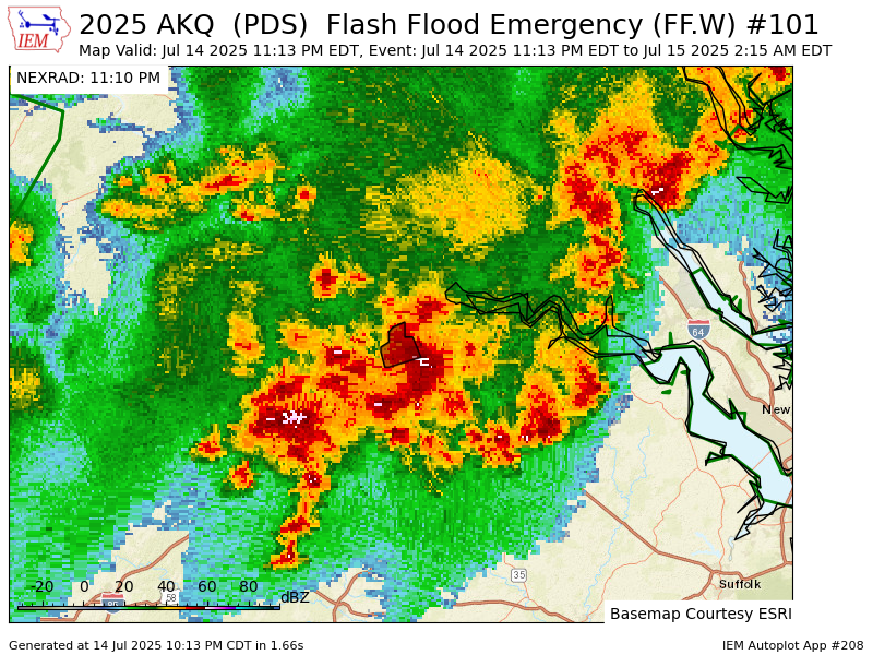 Iembot_emerg's tweet image. AKQ issues Flash Flood Emergency [flash flood: radar and gauge indicated, flash flood damage threat: catastrophic] for City of Colonial Heights, City of Petersburg [VA] till Jul 15, 2:15 AM EDT mesonet.agron.iastate.edu/vtec/f/2025-O-…