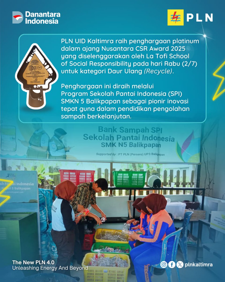 AlessioMchl's tweet photo. PLN UID Kaltimra meraih Penghargaan Platinum dalam ajang Nusantara CSR Award 2025 untuk kategori Daur Ulang (Recycle), lewat Program Sekolah Pantai Indonesia (SPI) bersama SMKN 5 Balikpapan.

#EnergiUntukKaltimra
#NusantaraCSRAward2025
#PLNUIDKaltimra
#SahabatEnergiKita https://t.co/aWn4TQjYxX