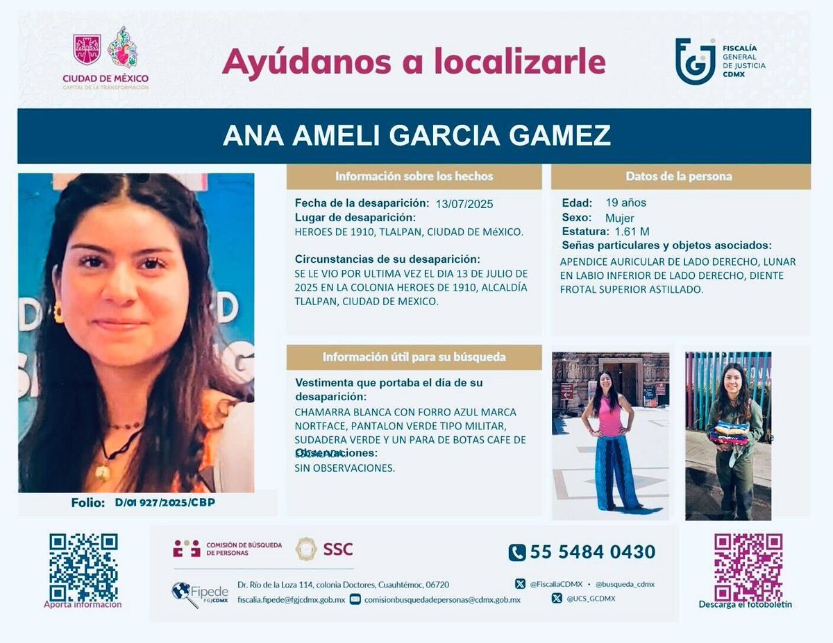 #ComunidadFIA | Ana Ameli García Gámez es estudiante de Biología de la #UNAM y despareció este domingo 13 de julio en el Ajusco, #CDMX

La joven de 19 años fue vista por última vez en la zona del Pico del Águila. Se sabe que subió sin guía.
