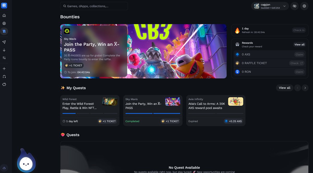 Don't forget to check in to your Ronin gamer profile.

There is also bounties and quests to earn tokens, raffle tickets, and more.

I predict there will be a free/paid battle pass across games at some point.

Bullish on this crypto gaming experience. Up your reputation! 🪙