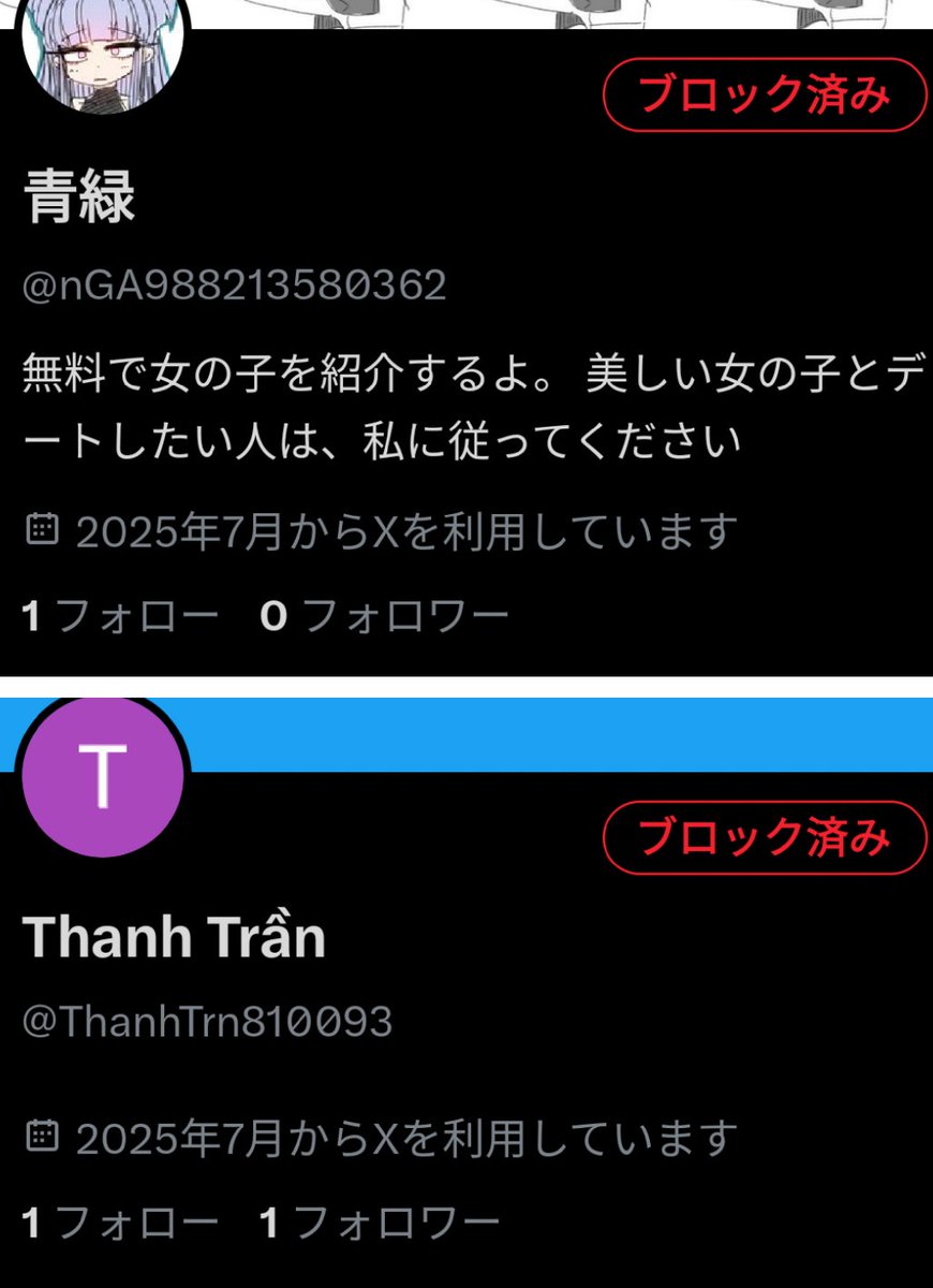 作られたてホヤホヤのなりすまし業者アカウントと、そのアカウントへ私のデータを中継したと思しき（おそらく同一人物）アカウントが湧いてましたので、お手数ですが2つともブロックしておいて頂けるようご協力お願いします。
