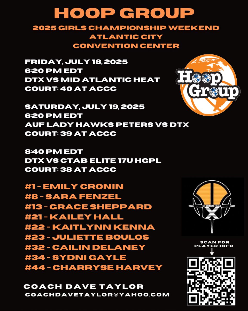 DTX Recruiting - Connecticut (@dtx_recruiting) on Twitter photo <a href="/TheHoopGroup/">Hoop Group</a> Live Period in Atlantic City Convention Center is the place to be this weekend for the 2025 Girls Championship Weekend! Here’s the updated schedule for the <a href="/DTXBasketball/">DTX BASKETBALL</a> Women’s 2026 squad! We have talent for all levels of college basketball!
<a href="/coachdavetaylor/">Dave Taylor</a> <a href="/TheHoopGroup/">Hoop Group</a> Live Period in Atlantic City Convention Center is the place to be this weekend for the 2025 Girls Championship Weekend! Here’s the updated schedule for the <a href="/DTXBasketball/">DTX BASKETBALL</a> Women’s 2026 squad! We have talent for all levels of college basketball!
<a href="/coachdavetaylor/">Dave Taylor</a>