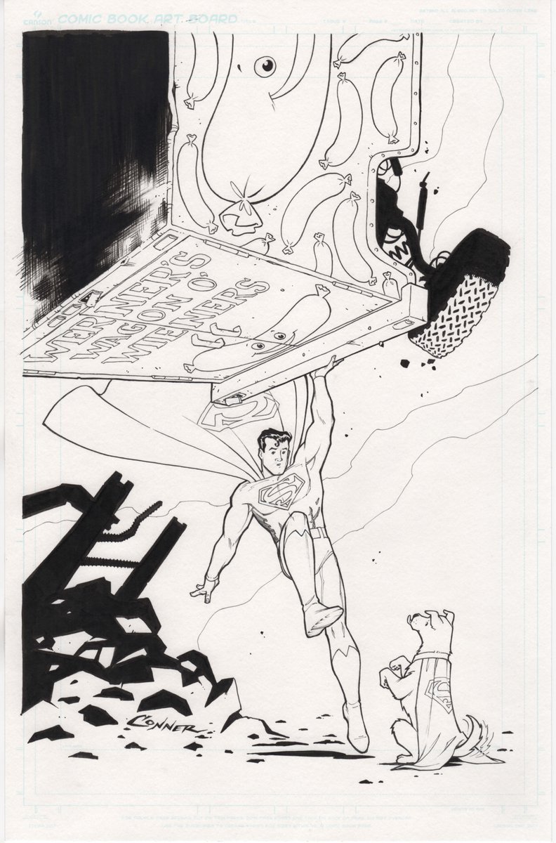 Original BLACK AND WHITE line art of Superman and Krypto by Amanda Conner.