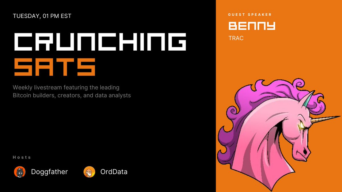 Gm

Tune into today's 

Crunchin Sats Vol. 25

with Benny (<a href="/rarity_garden/">Benny</a>), the founder of Trac Network / TAP Protocol

at 1 pm EST