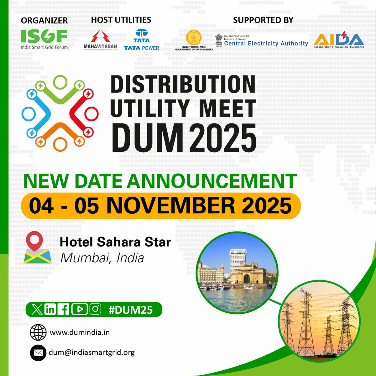 Distribution Utility Meet (@dum_india) on Twitter photo 📢 New Dates Announced for DUM 2025
Join us for the 9th Edition of the Distribution Utility Meet (DUM 2025) – the annual conference of power distribution utilities.
🗓️ 04–05 Nov'25
📍 Hotel Sahara Star, Mumbai, Maharashtra, India
🔗 dumindia.in
<a href="/rejipillai/">Reji Kumar Pillai</a> 📢 New Dates Announced for DUM 2025
Join us for the 9th Edition of the Distribution Utility Meet (DUM 2025) – the annual conference of power distribution utilities.
🗓️ 04–05 Nov'25
📍 Hotel Sahara Star, Mumbai, Maharashtra, India
🔗 dumindia.in
<a href="/rejipillai/">Reji Kumar Pillai</a>