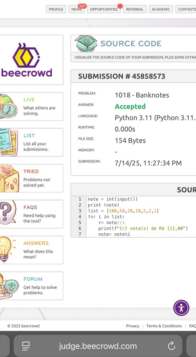 imakeitbright's tweet image. Cutest Moment fr fr (7)☺️ #Accepted 

judge.beecrowd.com

#beecrowd #vjudge #python #pythonlearning #coding #sourcecode #programming #vscode

#BEE1018
#Banknotes