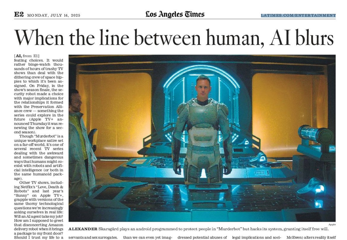 Omar L. Gallaga (@omarg) on Twitter photo In case you missed it last week, my <a href="/latimes/">Los Angeles Times</a> piece on how TV is dramatizing AI and robotics is in today's newspaper!
latimes.com/entertainment-… In case you missed it last week, my <a href="/latimes/">Los Angeles Times</a> piece on how TV is dramatizing AI and robotics is in today's newspaper!
latimes.com/entertainment-…
