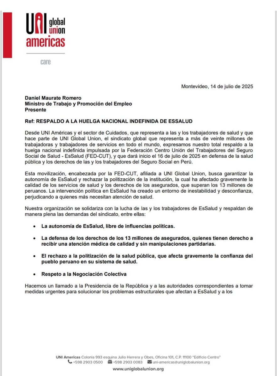 Willy_PonceC's tweet photo. #UNI Global exige a señora ⁦@DinaBoluarte_⁩ ⁦@presidenciaperu⁩ a establecer un diálogo social con ⁦@FedCut⁩ con la finalidad de encontrar la solución a la huelga nacional indefinida, por la sostenibilidad y fortalecimiento de ⁦@EsSaludPeru⁩ #80AñosFEDCUT https://t.co/txv1fE2CA8