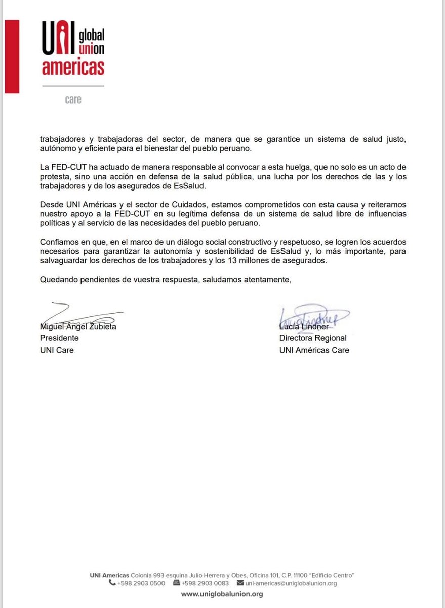 Wilfredo Ponce (@willy_poncec) on Twitter photo #UNI Global exige a señora <a href="/DinaBoluarte_/">Dina Boluarte</a> <a href="/presidenciaperu/">Presidencia del Perú 🇵🇪</a> a establecer un diálogo social con <a href="/FedCut/">Federación CUT</a> con la finalidad de encontrar la solución a la huelga nacional indefinida, por la sostenibilidad y fortalecimiento de <a href="/EsSaludPeru/">EsSalud Perú</a> #80AñosFEDCUT #UNI Global exige a señora <a href="/DinaBoluarte_/">Dina Boluarte</a> <a href="/presidenciaperu/">Presidencia del Perú 🇵🇪</a> a establecer un diálogo social con <a href="/FedCut/">Federación CUT</a> con la finalidad de encontrar la solución a la huelga nacional indefinida, por la sostenibilidad y fortalecimiento de <a href="/EsSaludPeru/">EsSalud Perú</a> #80AñosFEDCUT