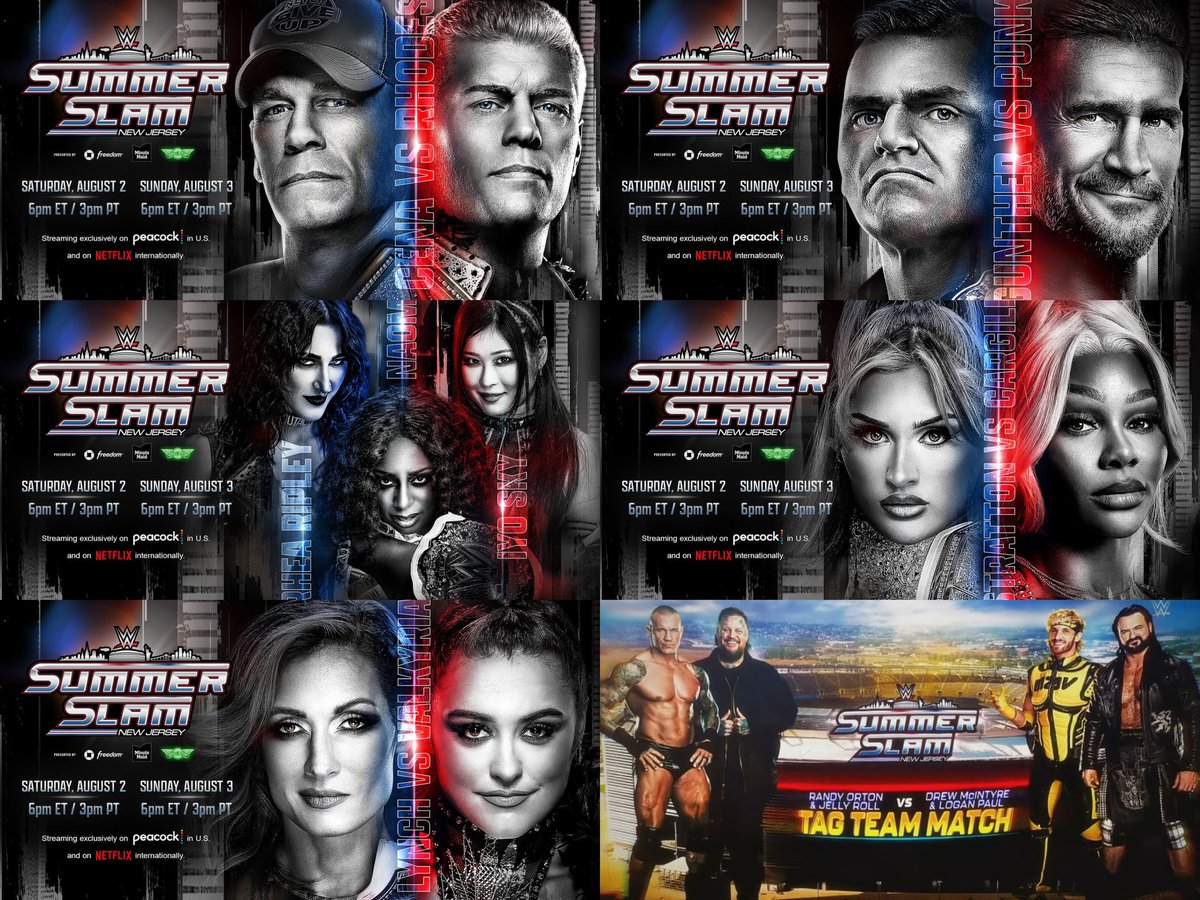 SmackWrestling's tweet image. Cartelera WWE #SummerSlam 2025
🏆 John Cena (c) vs. Cody Rhodes
🏆 Gunther (c) vs. CM Punk
🏆 Naomi (c) vs. Rhea Ripley vs. IYO SKY
🏆 Tiffany Stratton (c) vs. Jade Cargill
🏆 Lyra Valkyria (c) vs. Becky Lynch
🔵 Randy Orton y Jelly Roll vs. Drew McIntyre y Logan Paul
#WWERaw