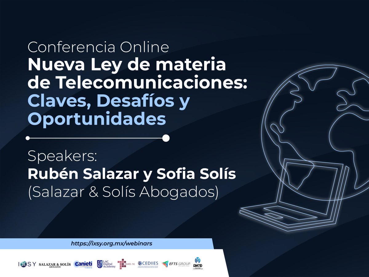 🔍 ¿Estás preparado para la Nueva Ley de Telecomunicaciones?

Conoce de la mano de expertos cómo prepararte y anticiparte.

📅 17 julio | 🕔 5:00 p.m. CDMX
✅ Aún estás a tiempo: ixsy.org.mx/webinars

#Webinar #LeyTelecom #Telecomunicaciones