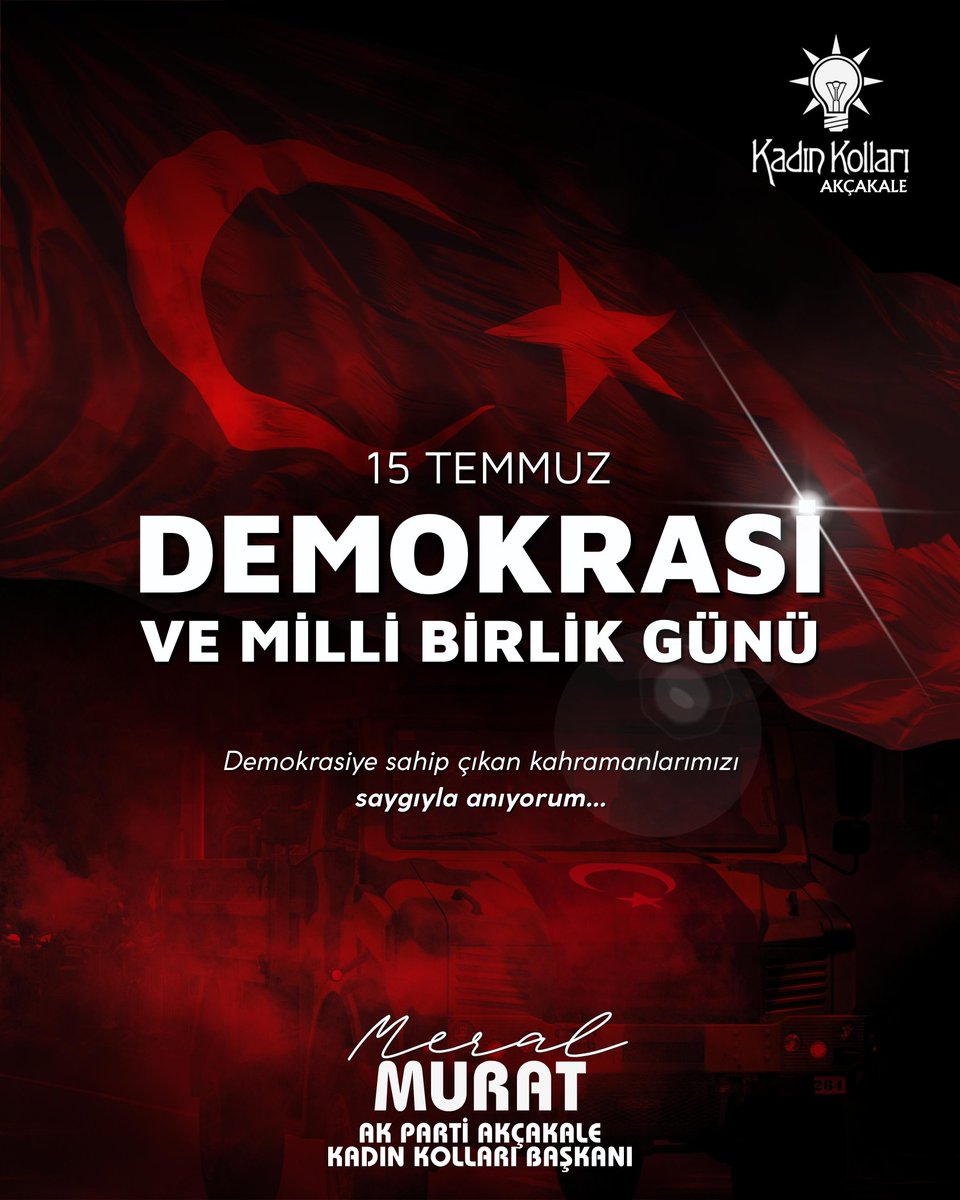 Akçakale Kadın Kolları (@akckadinkollari) on Twitter photo Tarih, 15 Temmuz gecesini bir milletin destansı direnişi olarak yazacak.
O gece gövdesini siper eden her bir yürek, bu vatanın onurudur.
Aziz şehitlerimizi rahmetle, kahraman gazilerimizi minnetle anıyoruz.
#ZaferinAdıTürkiye <a href="/milhamigunbegi/">M.İlhami GÜNBEGİ</a> <a href="/RTErdogan/">Recep Tayyip Erdoğan</a> <a href="/tugbaisikercan/">Tuğba IŞIK ERCAN</a> @Meral21590 Tarih, 15 Temmuz gecesini bir milletin destansı direnişi olarak yazacak.
O gece gövdesini siper eden her bir yürek, bu vatanın onurudur.
Aziz şehitlerimizi rahmetle, kahraman gazilerimizi minnetle anıyoruz.
#ZaferinAdıTürkiye <a href="/milhamigunbegi/">M.İlhami GÜNBEGİ</a> <a href="/RTErdogan/">Recep Tayyip Erdoğan</a> <a href="/tugbaisikercan/">Tuğba IŞIK ERCAN</a> @Meral21590