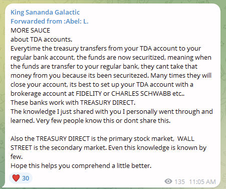 tweedledee1111's tweet image. When the treasury transfers from your TDA account to your regular bank account, the funds are now securitized, meaning when the funds are transfer to your regular bank, they cant take that money from you.