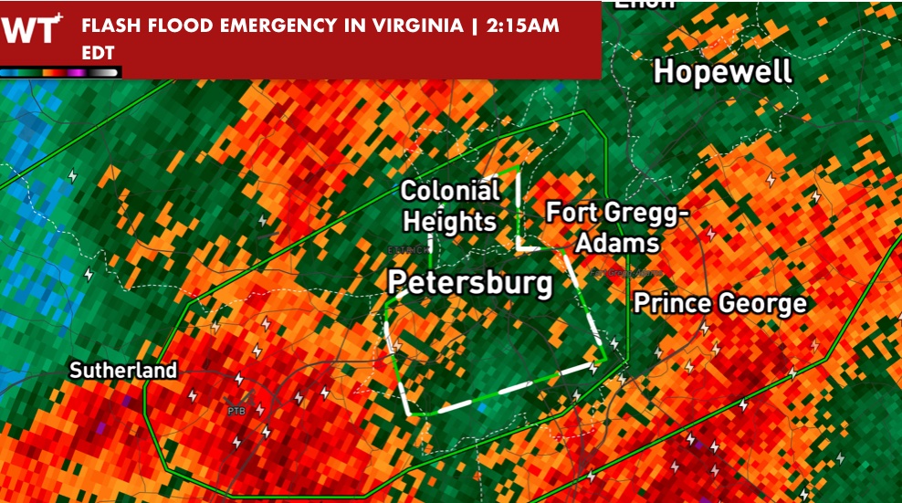 WXTrackingPlus's tweet photo. FLASH FLOOD EMERGENCY FOR #PeterburgVA #ColonialHeightsVA #BatterseaVA
Expires at 2:15AM EDT
⚠️THIS IS A PARTICULARLY DANGEROUS SITUATION⚠️
‼️MOVE TO HIGHER GROUND NOW‼️
#FlashFloods #FlashFloodEmergency #Virginia #VAwx #wxX #wxtwitter https://t.co/RIuFVe2DiB