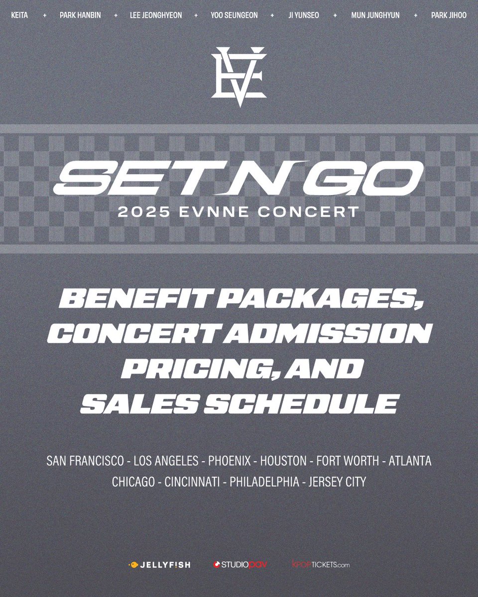 studio_pav's tweet photo. #ENNVE, here comes the ticket information for 🏁 2025 EVNNE CONCERT 'SET N GO' USA 🏁

1 FOR ALL PHOTO is available in VVIP Benefit Package 📸 Along with the chance to randomly receive a signed photocard set! 💫

🚨 Note the VVIP and VIP Benefit Packages DO NOT include concert admission. A concert ticket is mandatory in order to participate! 🚨

Our ✨Pick-A-Pose Snapshot Session✨ will be available for this tour. More information about this will be released later on!

#EVNNE #이븐 #엔브 #EVNNEinUSA #2025EVNNECONCERT
#SET_N_GO_TOUR
