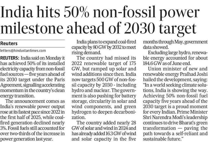 India powers past its green milestone; 50% non fossil energy achieved, five years ahead. 
A healthy green future for our children💙