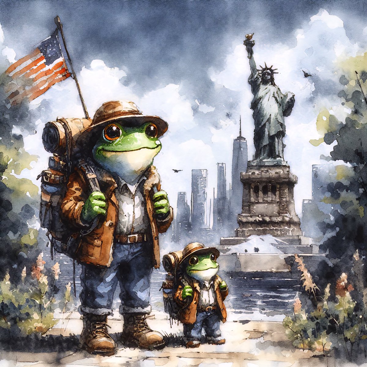 Frogs in the Big Apple

Bartholomew Bramblefoot, a seasoned adventurer with a well-worn rucksack and an American flag proudly fluttering from its top, adjusted his fedora and gazed out at the shimmering waters of New York Harbor. Beside him, his young companion, Pip, clutched his