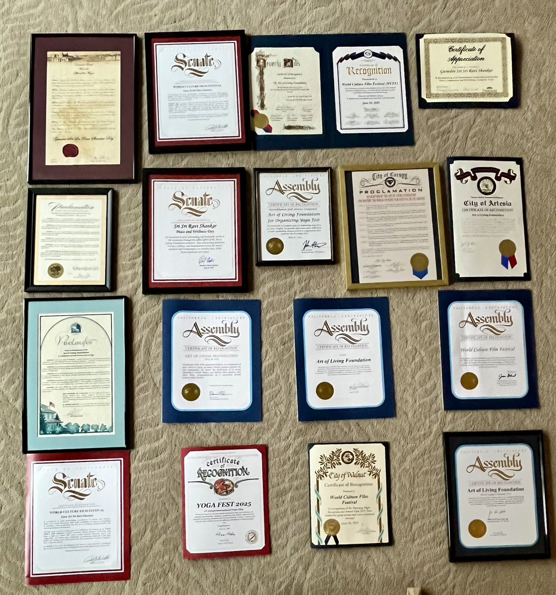 Gurudev's tweet image. Over the past three weeks, the State Assembly of California and several cities in America issued proclamations honoring the work of the Art of Living.