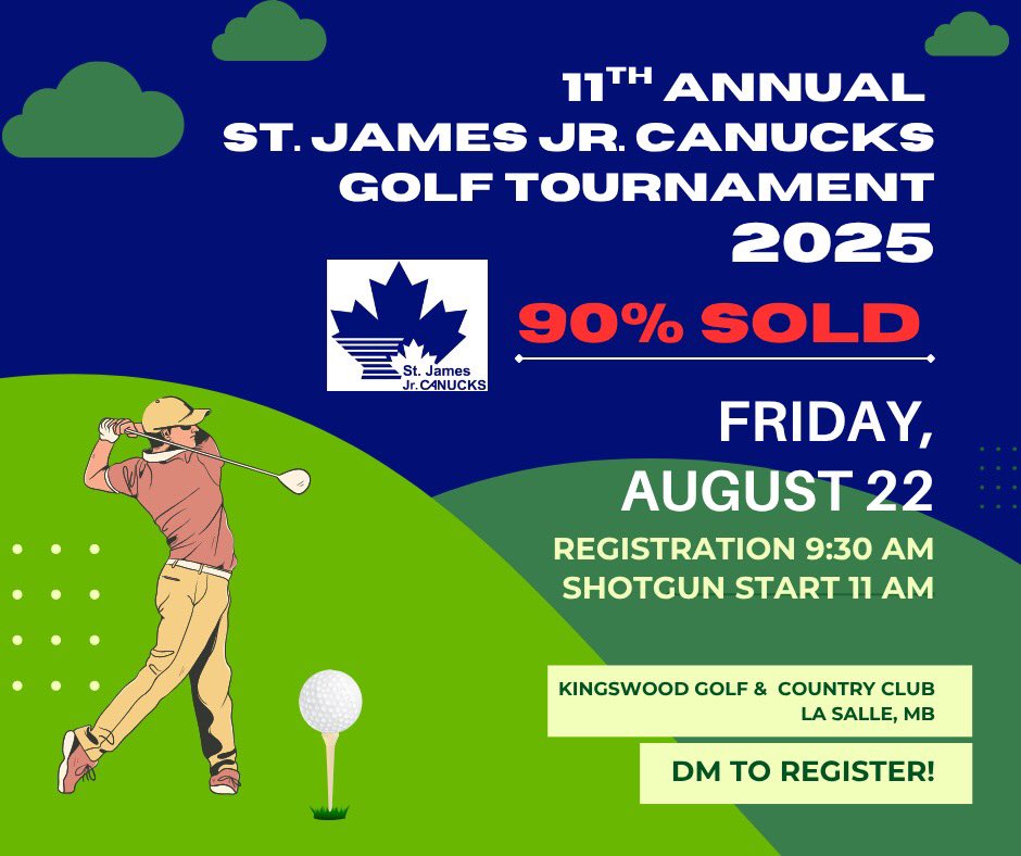 Hit the links in support of the St. James Jr. Canucks Hockey Club Friday, August 22 at Kingswood Golf &amp; Country Club! Tournament is 90% sold out! DM to register your foursome. 

#golftournament #MMJHL