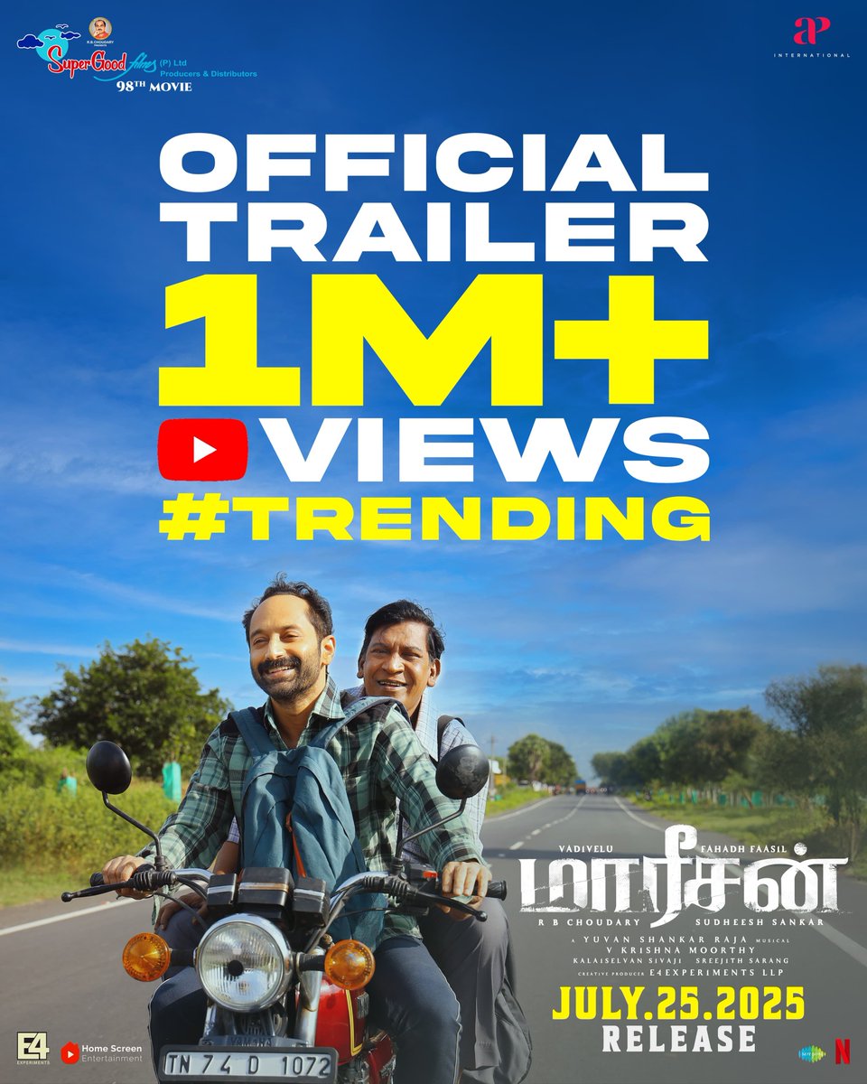 A gripping trailer loaded with thrills, humour, and unpredictable twists…

The Official Trailer of #Maareesan starring #FahadhFaasil x #Vadivelu have surpassed 1M+ Views on YouTube : youtu.be/a8zKHSKHThY

#MaareesanFromJuly25

A <a href="/thisisysr/">Raja yuvan</a> Musical 
Produced by