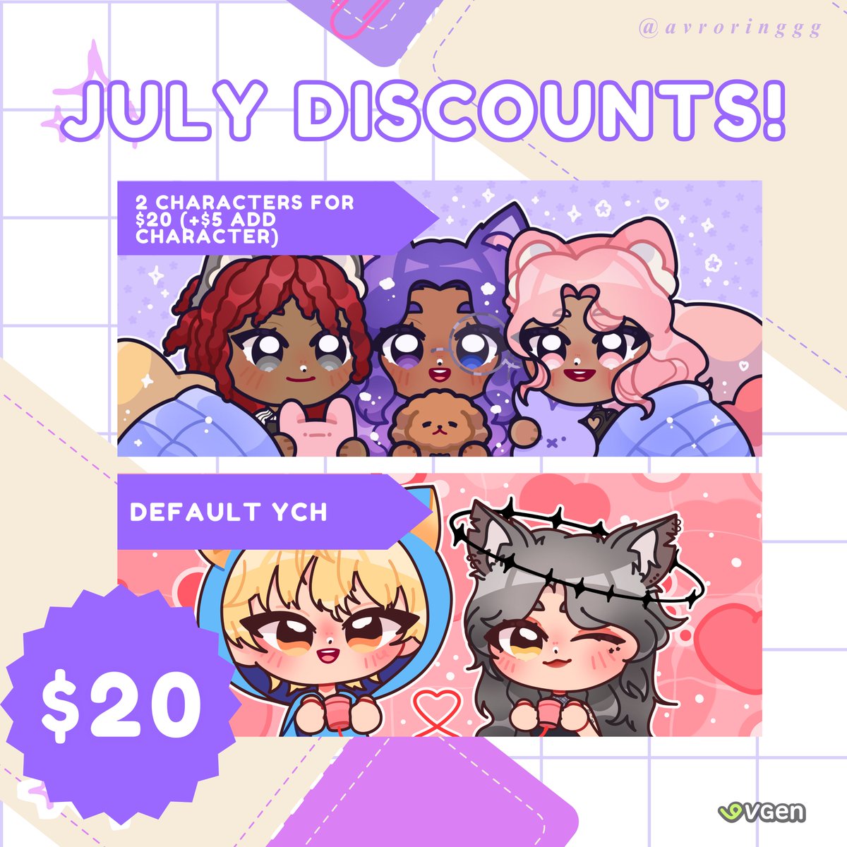 JULY DISCOUNTS IS NOW POSTED ON VGEN‼️

❀ $25 ➜ $20
୨ৎ sleepover banner
୨ৎ couple banner 

❀ $35 ➜ $25
୨ৎ skeb/customized banner

vgen.co/avroringgg 

☘︎ i badly need funds for my internship for 3 weeks :< 

reposts are highly appreciated! #VGenComm