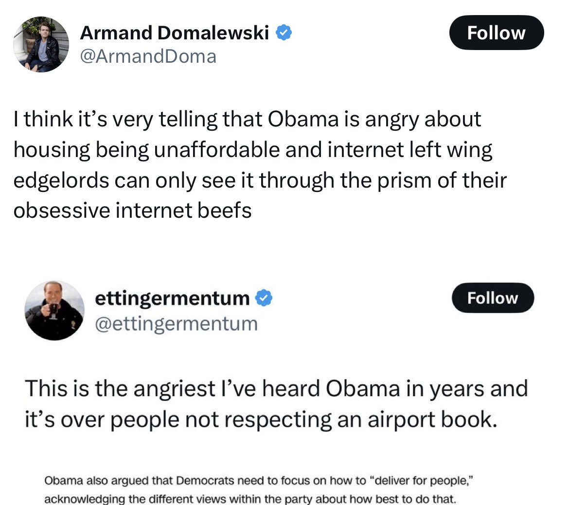 Oh for sure man, the guy who let millions of Americans get foreclosed on and evicted while shielding the biggest mortgage lenders from criminal prosecution is just so damn upset about housing access, and totally not invested in whitewashing his own legacy while blocking the left.