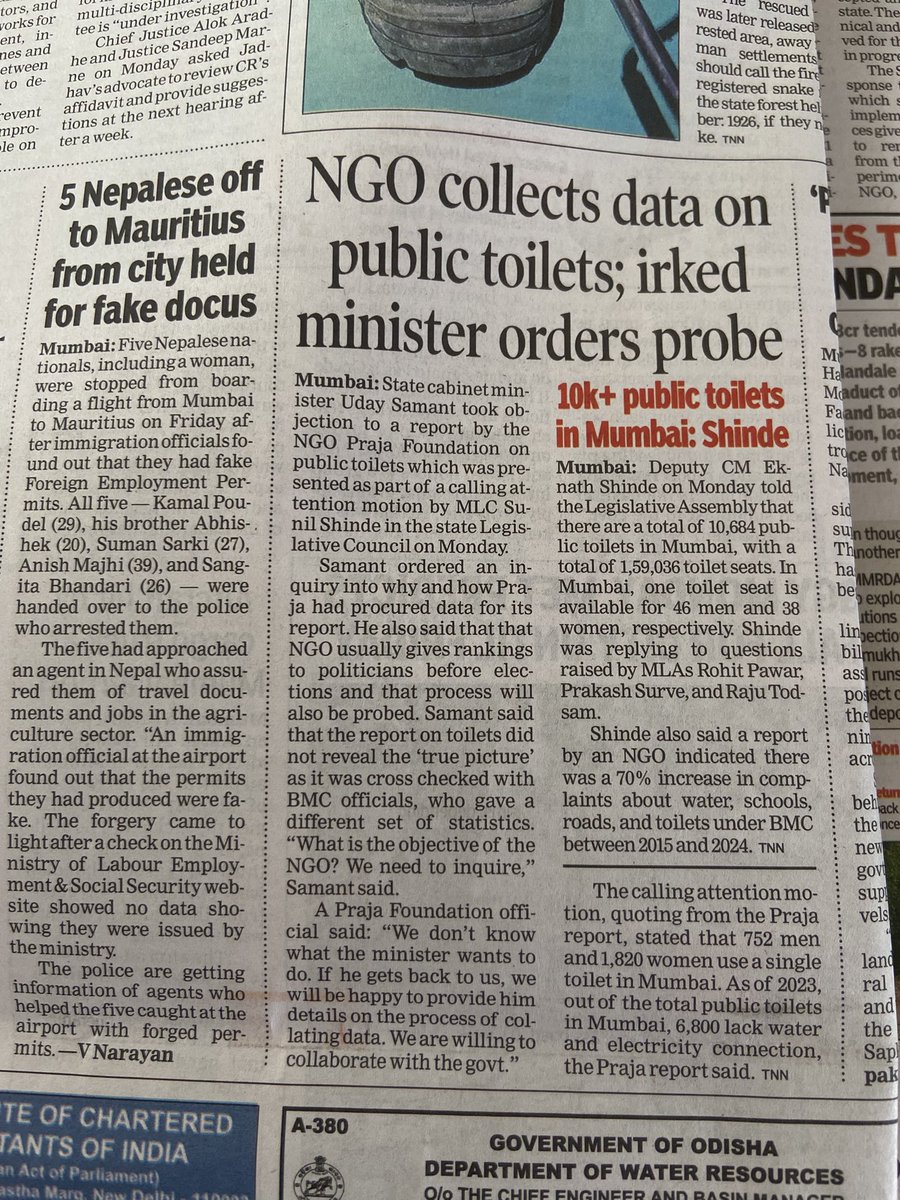 kunalpurohit's tweet image. Praja, a reputed NGO brings out a report on the terrible state of public toilets in Mumbai.
Instead of taking heed, Minister Uday Samant orders probe AGAINST the NGO! 👏👏👏