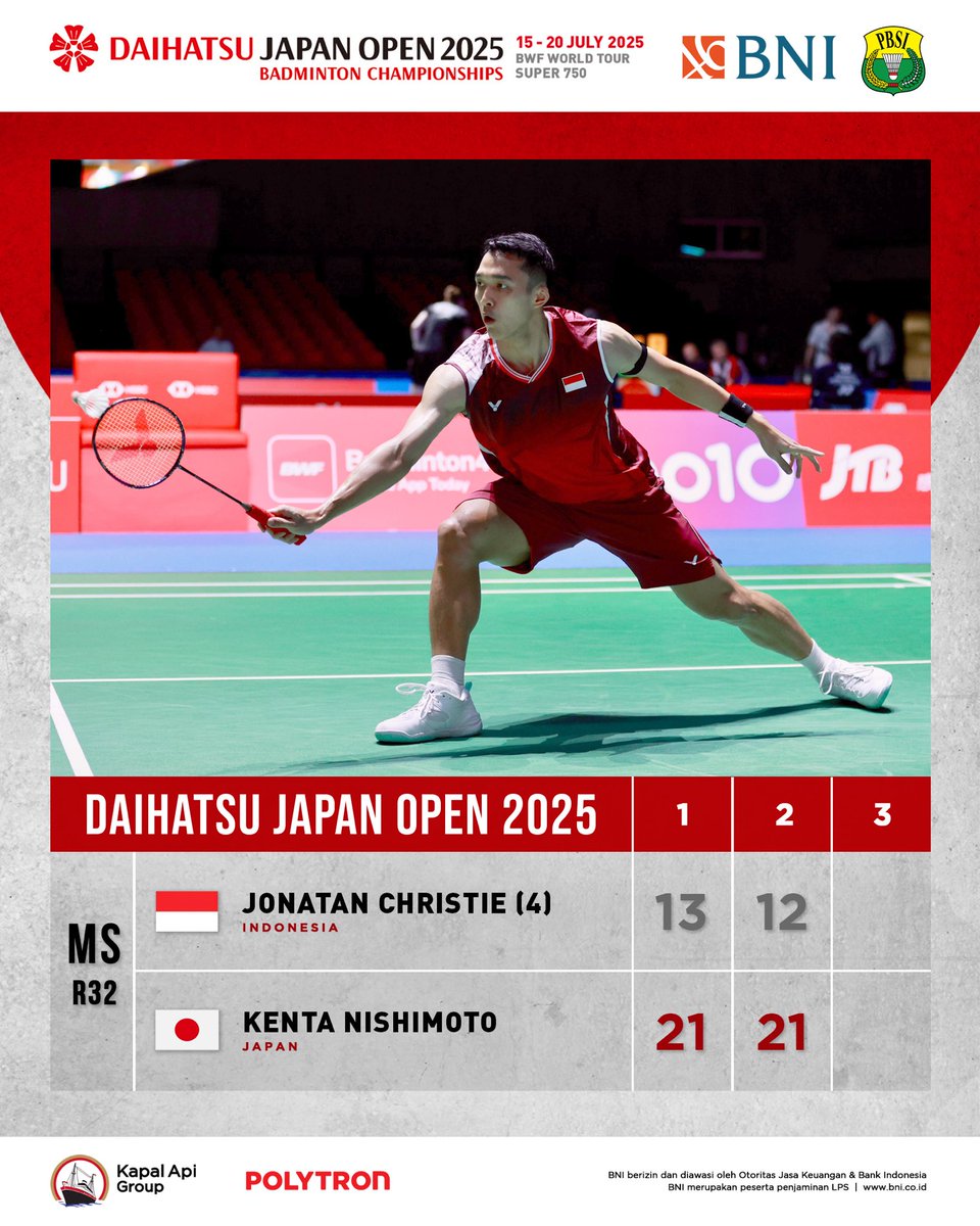 BADMINTON INDONESIA (@inabadminton) on Twitter photo Langkah Jonatan dihentikan wakil tuan rumah.
Bangkit lagi Jo!
#BadmintonIndonesia #JapanOpen2025 Langkah Jonatan dihentikan wakil tuan rumah.
Bangkit lagi Jo!
#BadmintonIndonesia #JapanOpen2025
